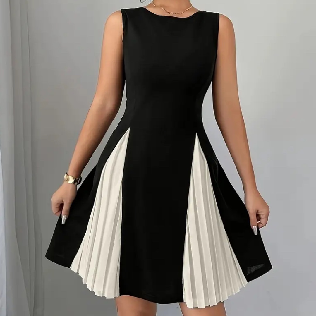 Vestido elegante de cuello redondo color negro y blanco