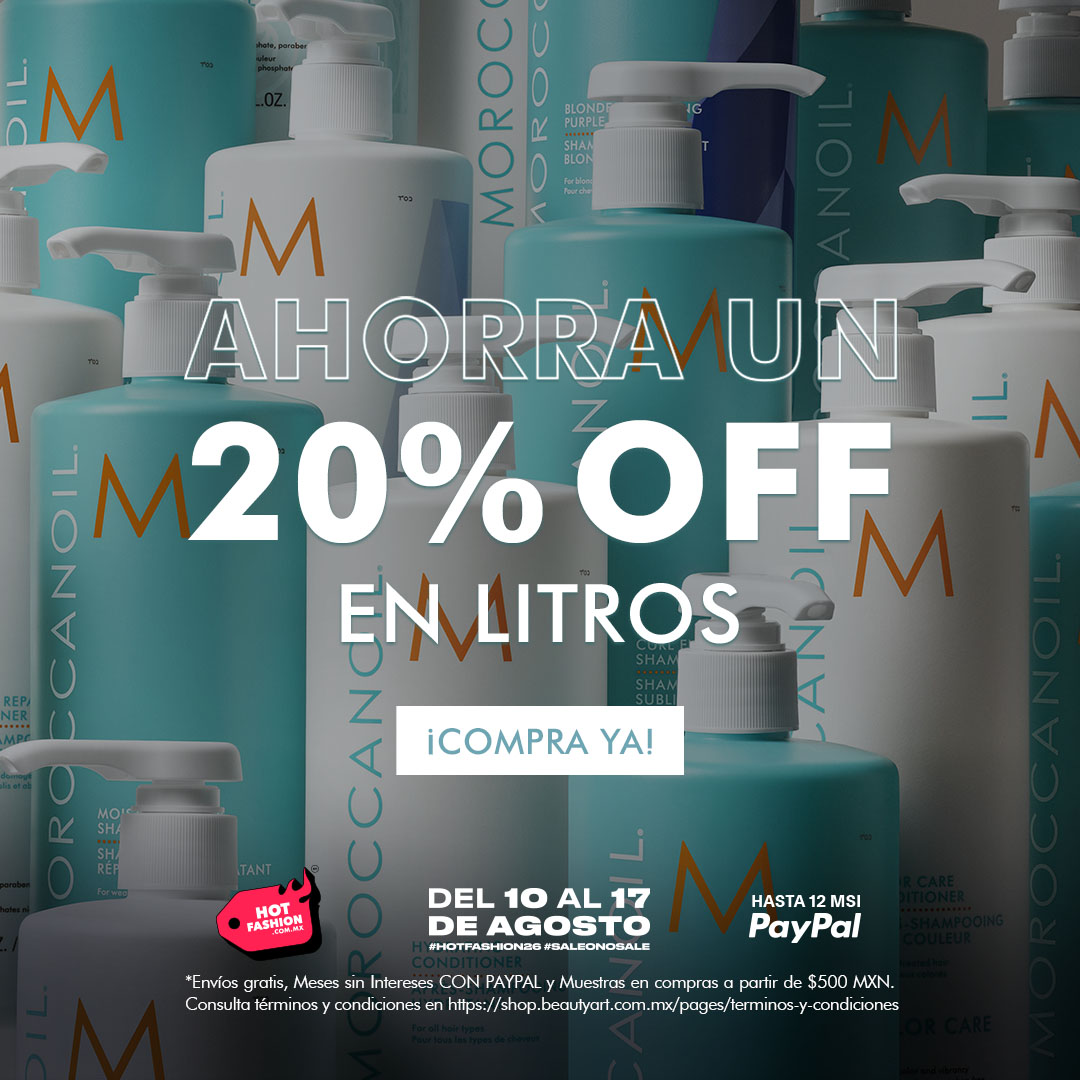 Promoción de 20% OFF en shampoos y acondicionadores de 1 L Moroccanoil.